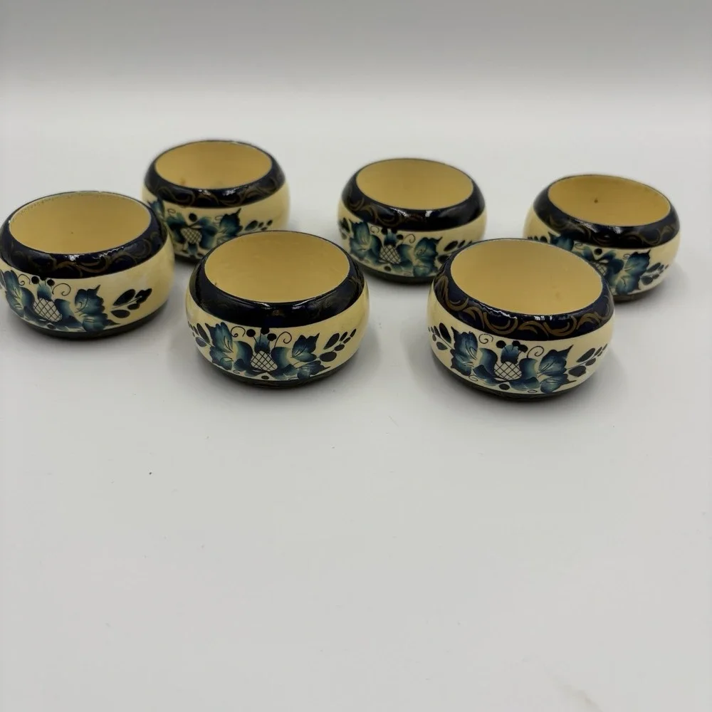 6 Hand Painted Wood Napkin Rings Vintage Blue Floral